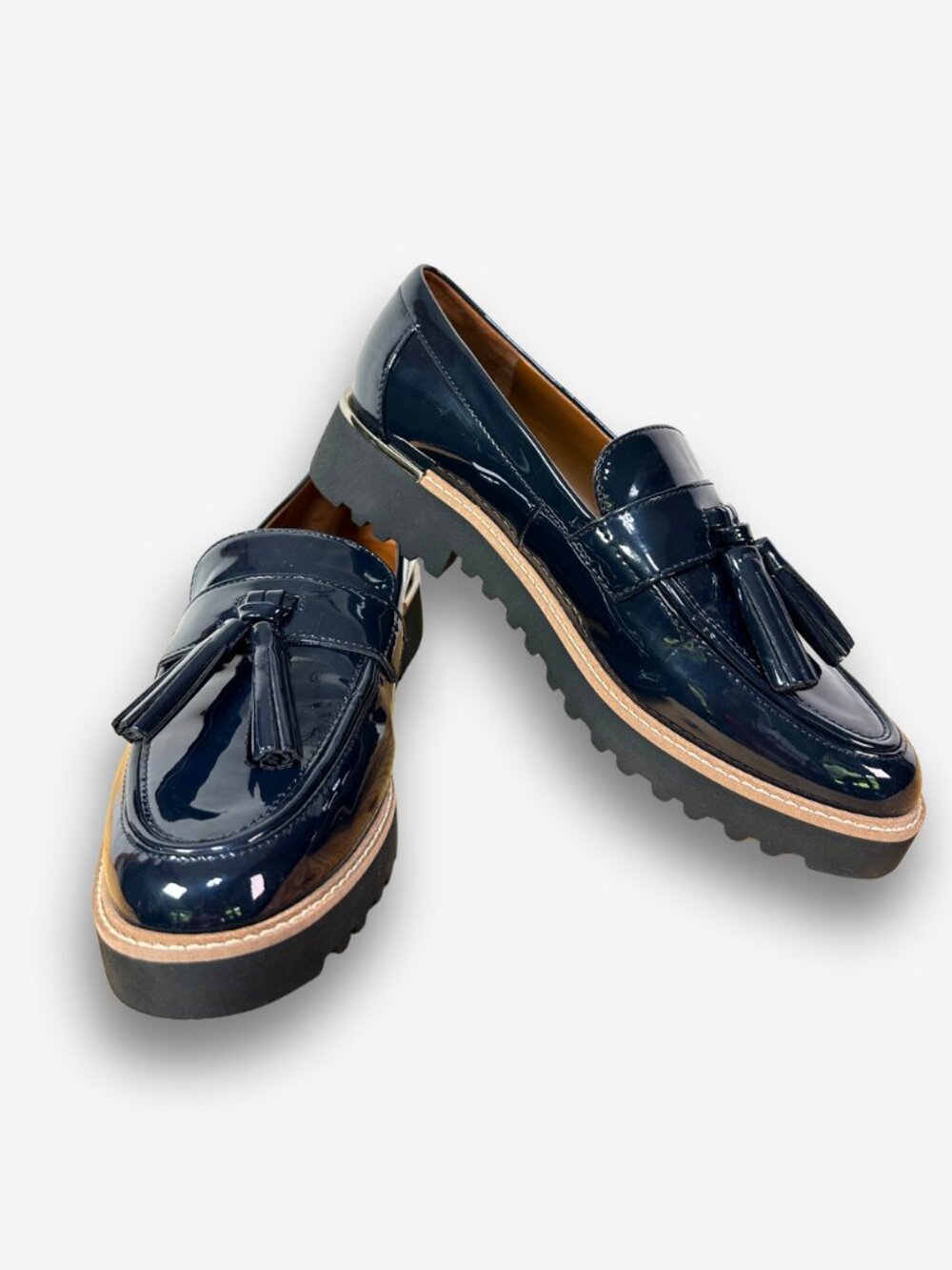 Franco Sarto Carolynn Navy Faux Patent Lug Sole Tassel Loafers Size 7W